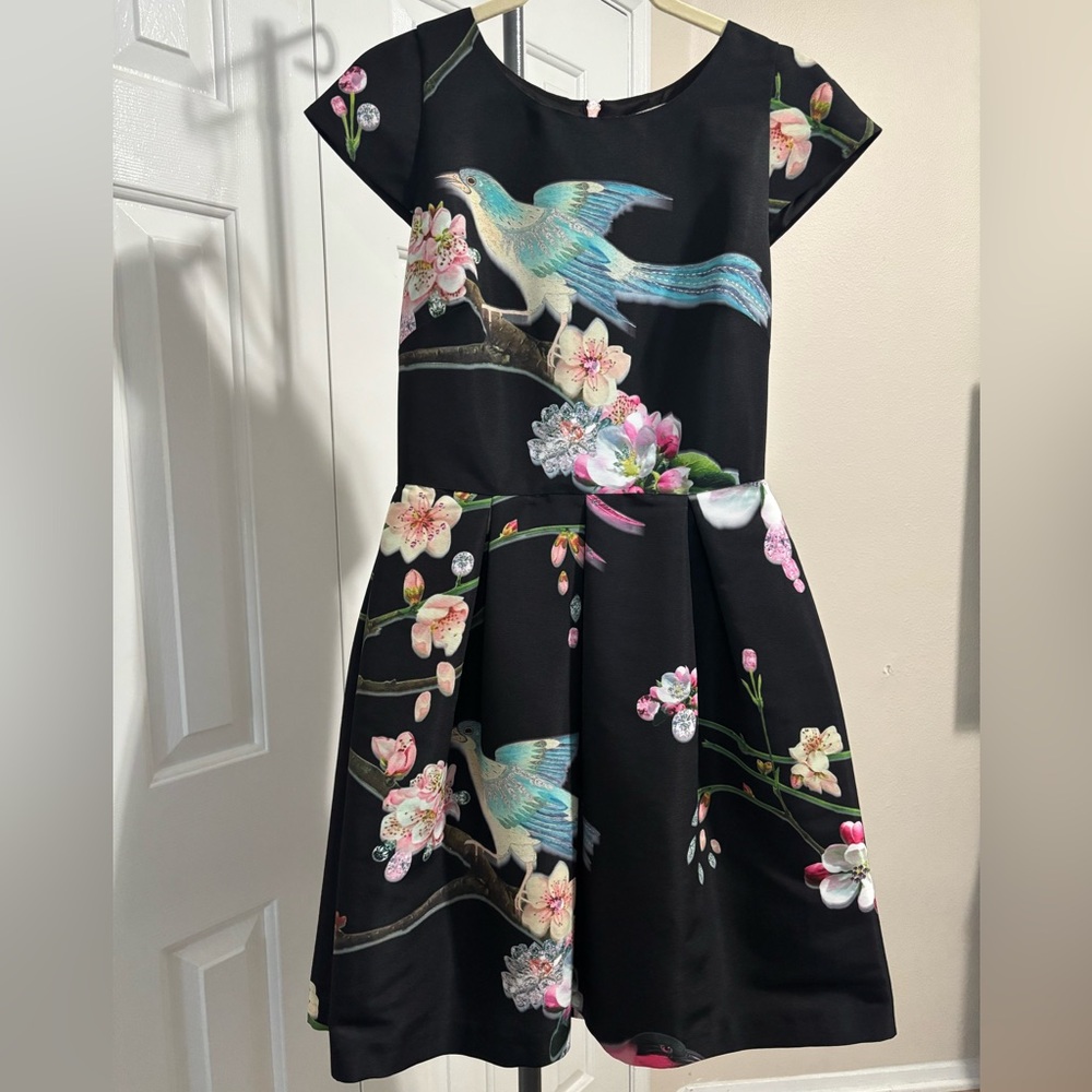 Ted Baker Print Fit and Flare Black Floral Mini Dress Size 1 (US 4)
